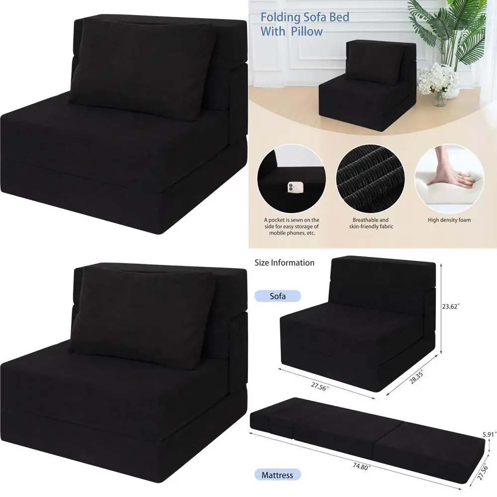

Convertible Sofa Bed with Pillow, Sleeper Chair, Floor Mattress, Foldable Couch Bed for Living Room/Dorm/Office (Black Corduroy,
