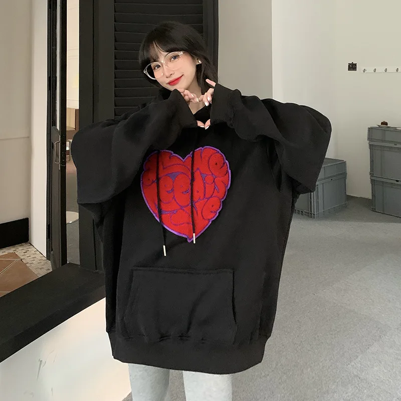 

Women Warm Fleece Loose Casual Pullover Letter Love Heart Embroidery Hooded Sweatshirts Hoodies Autumn Winter Fashion Leisure