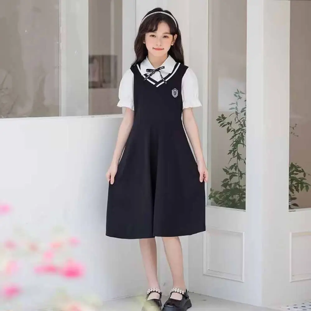 Pleated Girls False Two Dress Short Sleeve Teenagers Summer Dresses Preppy Style Beach Vacation Children A-line Dress Holiday