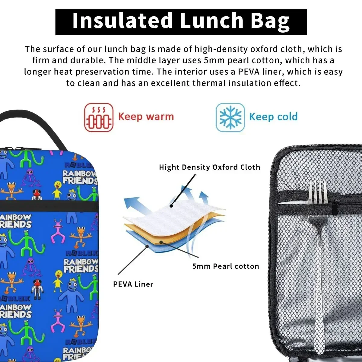 Rainbow Friends Insulated Lunch Bags Portable Picnic Bags Thermal Cooler Lunch Box Lunch Tote for Woman Work Kids School