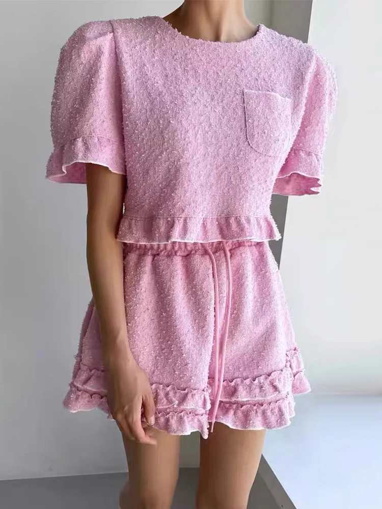 

Sweet Ele Splice Bubble Sve Particle Feeling irt Women's Summer New Sle Matching Wood ain ort Pants