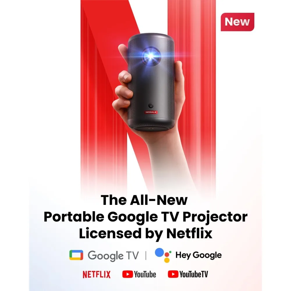 Capsule 3 GTV Projector, Netflix Officially Licensed,Smart Mini Projector with Wi-Fi, 2.5 Hours of Playtime, 120-Inch Display