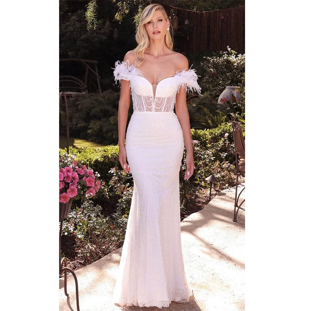 

Customized Modern Style Lace Feather Draped Trumpet Off-the-shoulder Long Dresses Bespoke Occasion Dresses Exquisite Matching