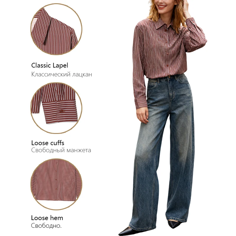Lockeres, schlankes, gestreiftes Damenhemd mit Umlegekragen, langen Ärmeln, einreihig, elegantes und vielseitiges Alltagsoberteil für Damen