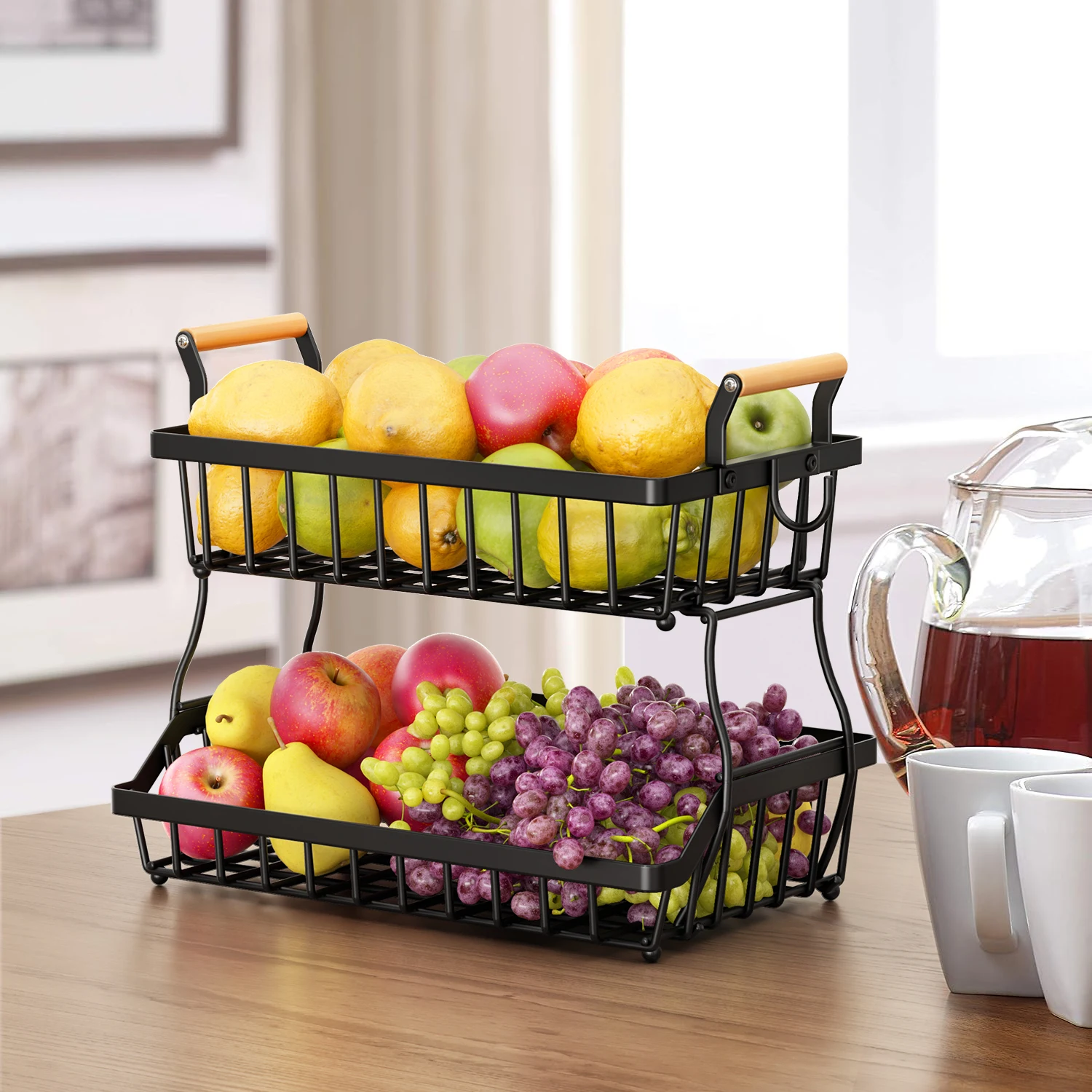 Cesta de frutas de metal de 2 niveles con mango de madera, estante de almacenamiento rectangular grande para verduras, frutas, aperitivos - Negro