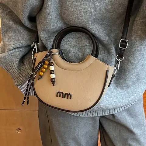 Retro Mini Half Moon Handbag for Women PU Leather Crossbody Bag with Detachable Strap Bead Charm Casual Daily Purse Bolso Mujer image 2