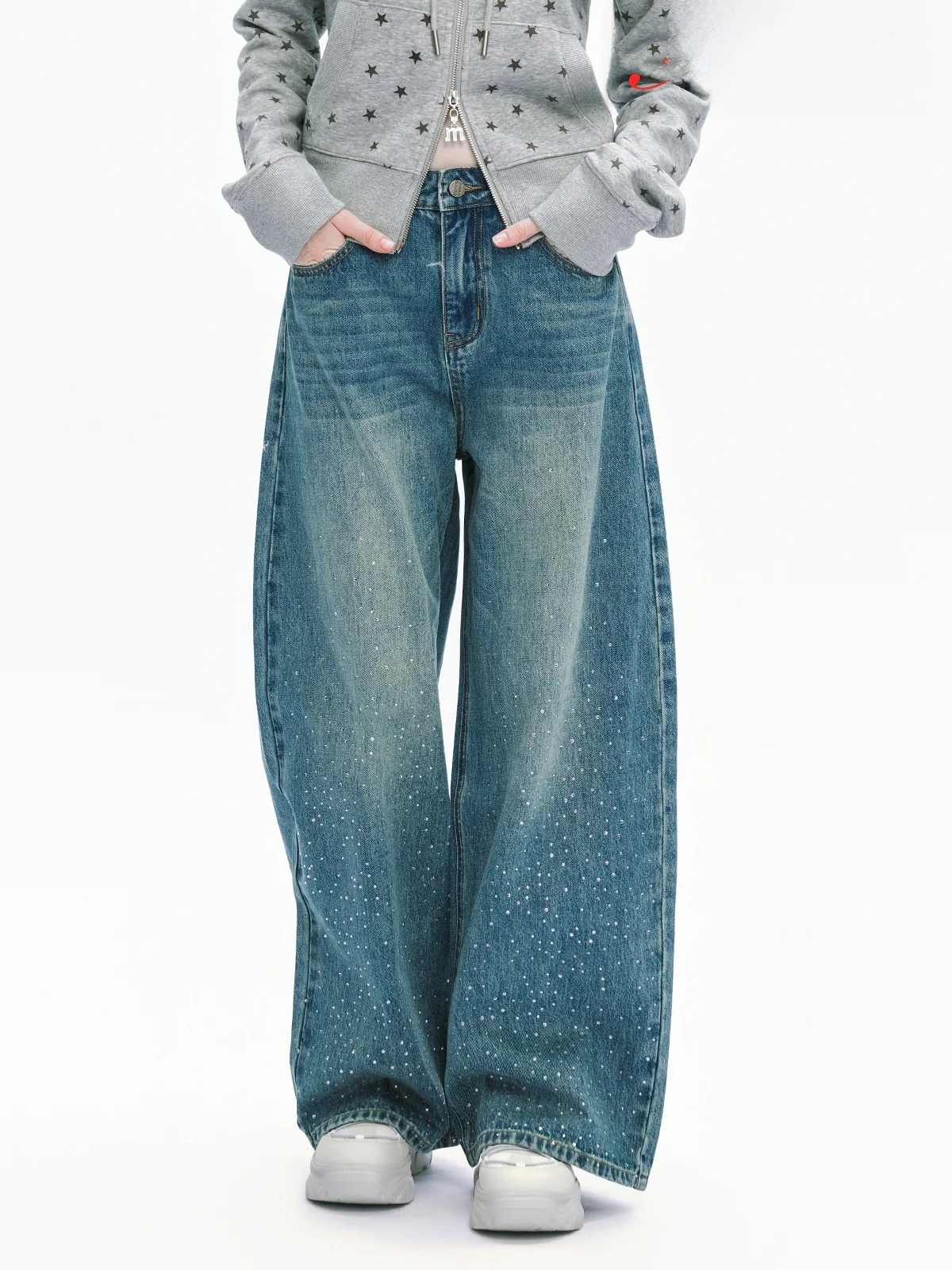 

MASOOMAKE Flashy Diamond Denim Casual Wide Leg Straight Cut Women's Jeans High Waist Zipper Pure Color Four Seasons