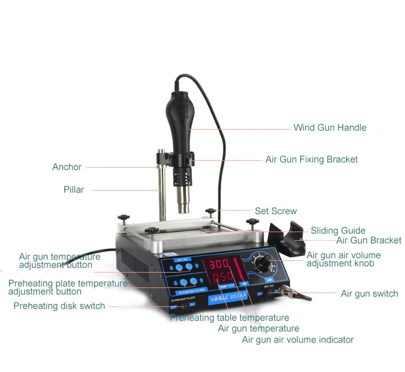 Air soldering station LCD Adjustable Electronic Hot Air Gun PCB preheat and IR preheating station bga rework station YIHUA 853AA