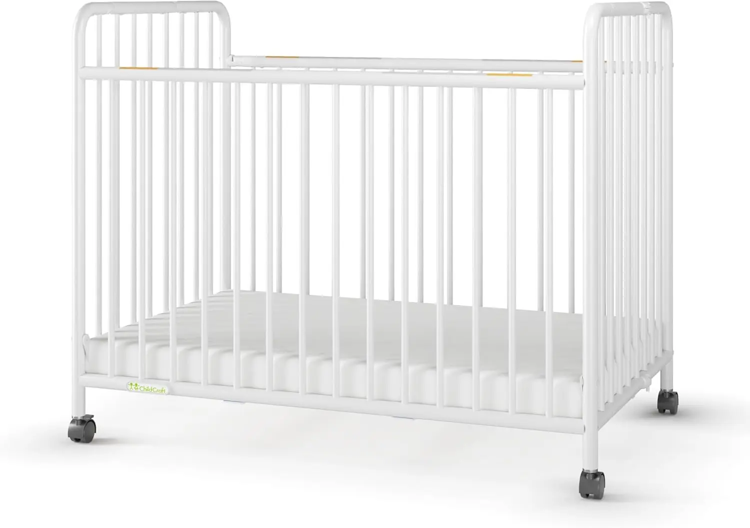 Child Craft Little Dreamer Metal Compact Folding Portable Crib With 2” Crib Mattress And 2 Easy Roll Locking Wheels, Durable