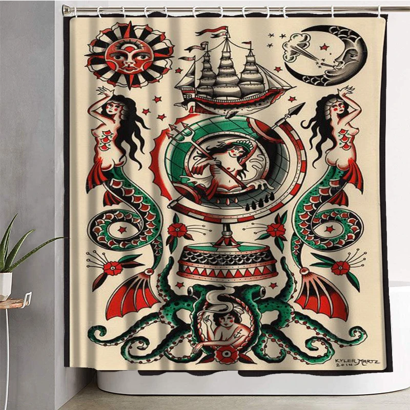 Vintage Punk Style Tattoo Pirate Sailor Skull Funny Theme Fabric Shower Curtain Halloween Bathroom Decor Set with Hooks