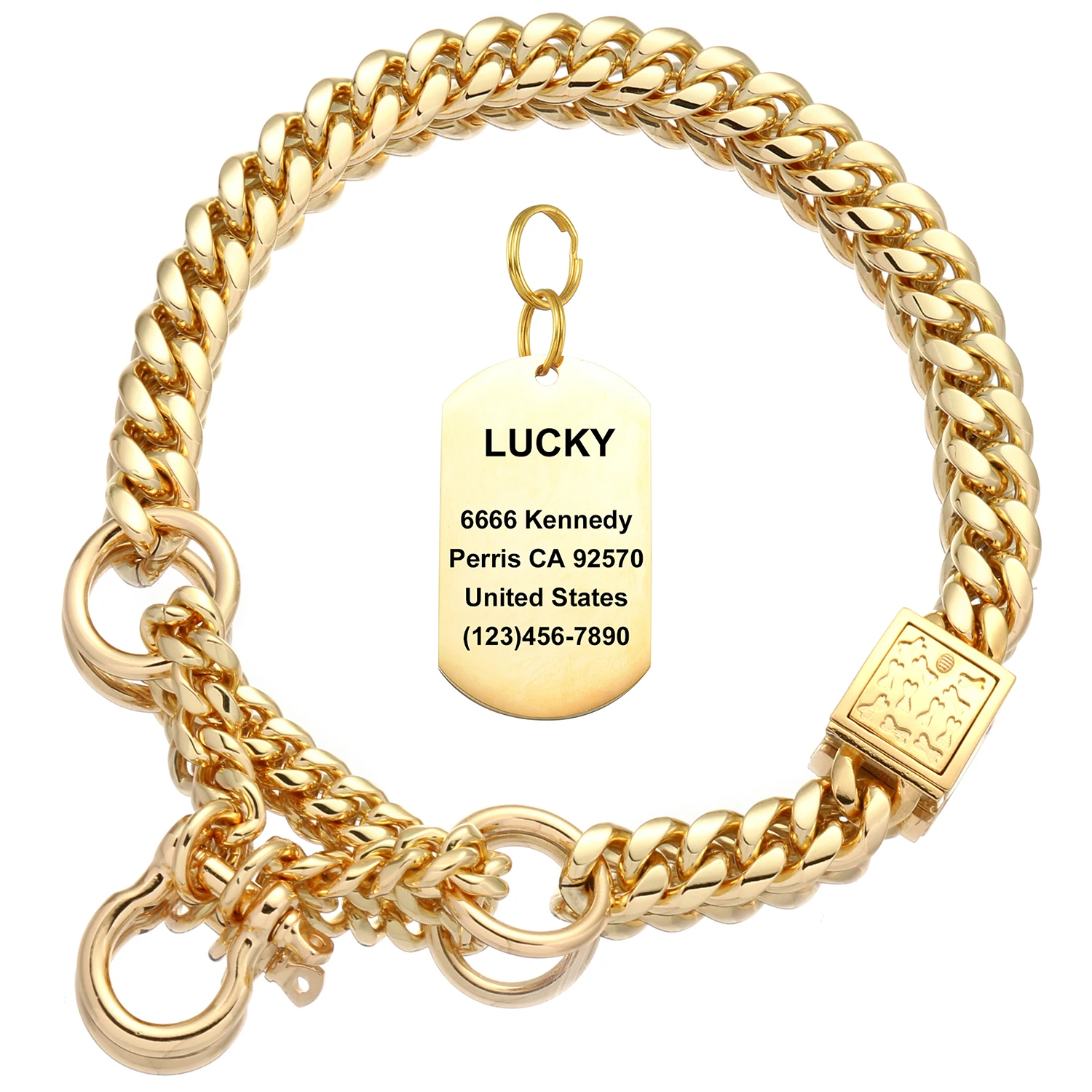 Gold Dog Collar 304 Stainless Steel 15MM Pet Martingale Metal Dog Necklace Accessories For Dogs Chain With Personalized ID Tag