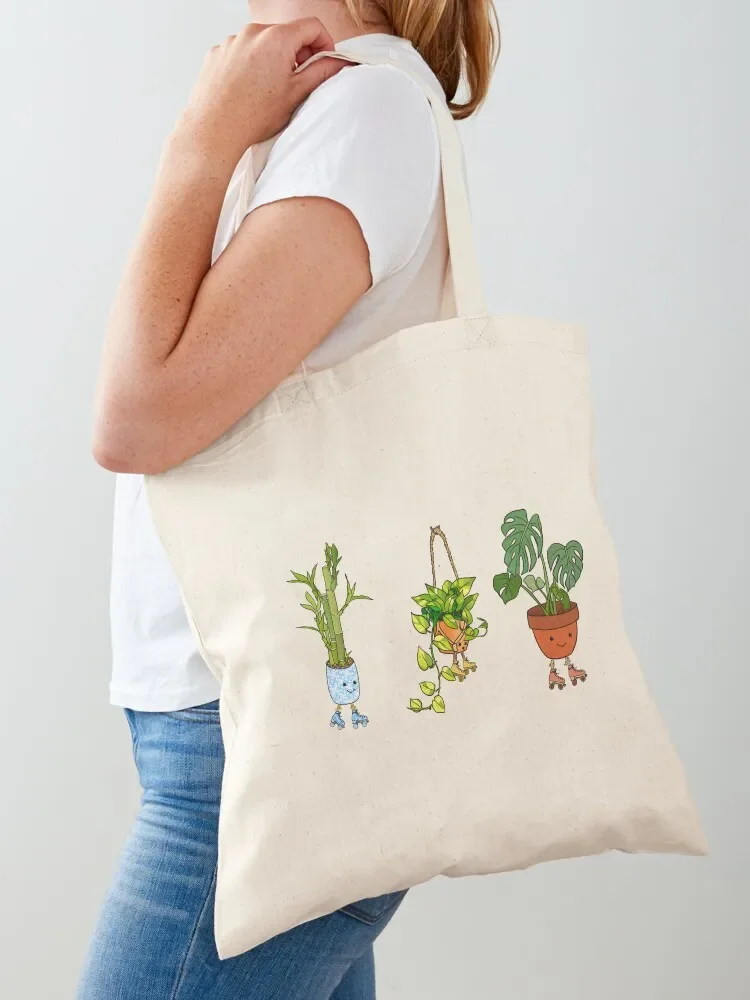 Roller Skating Potted House Plants Tote Bag foldable reusable bag Women's shopper canvas tote bag