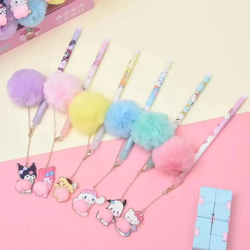 Imagem -05 - Sanrio-kuromi Melody Cartoon Plush Pingente Caneta Gel Estudantes Papelaria Bonito Escola Signature Pen Atacado 12 24 Pcs