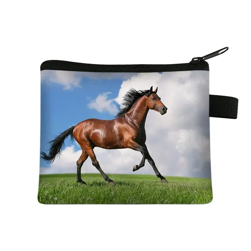 Monedero con estampado 3D de caballo galopante para mujer, bolsa de monedas plateada portátil, Mini tarjeta de crédito, bolsa de tarjeta de