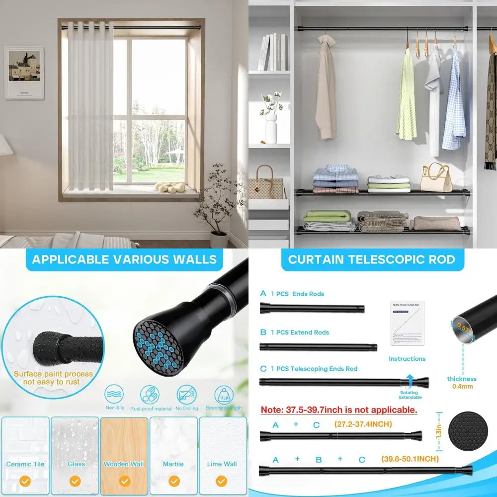 

Adjustable Tension Shower Curtain Rod, 28-48 Inches for Bathroom, No Drilling Needed