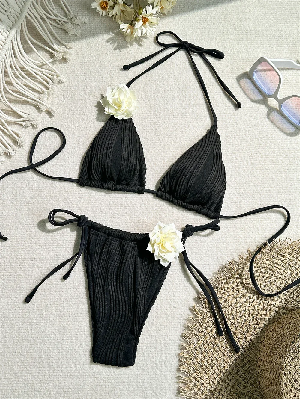 

3D Flower Bikini Micro String Backless Swimsuit Black Y2K Punk Triangle Halter Ribbed Vacation Swimwear Women Beach Bathing Suit