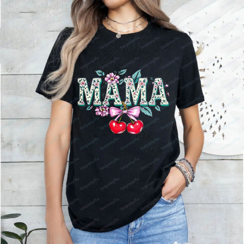 Custom Floral Mama Bow Cherry Shirt Coquette Mama Shirts Mother's Day Gift for Mom Mother's Day Girly Ribbon Baby Shower Gift
