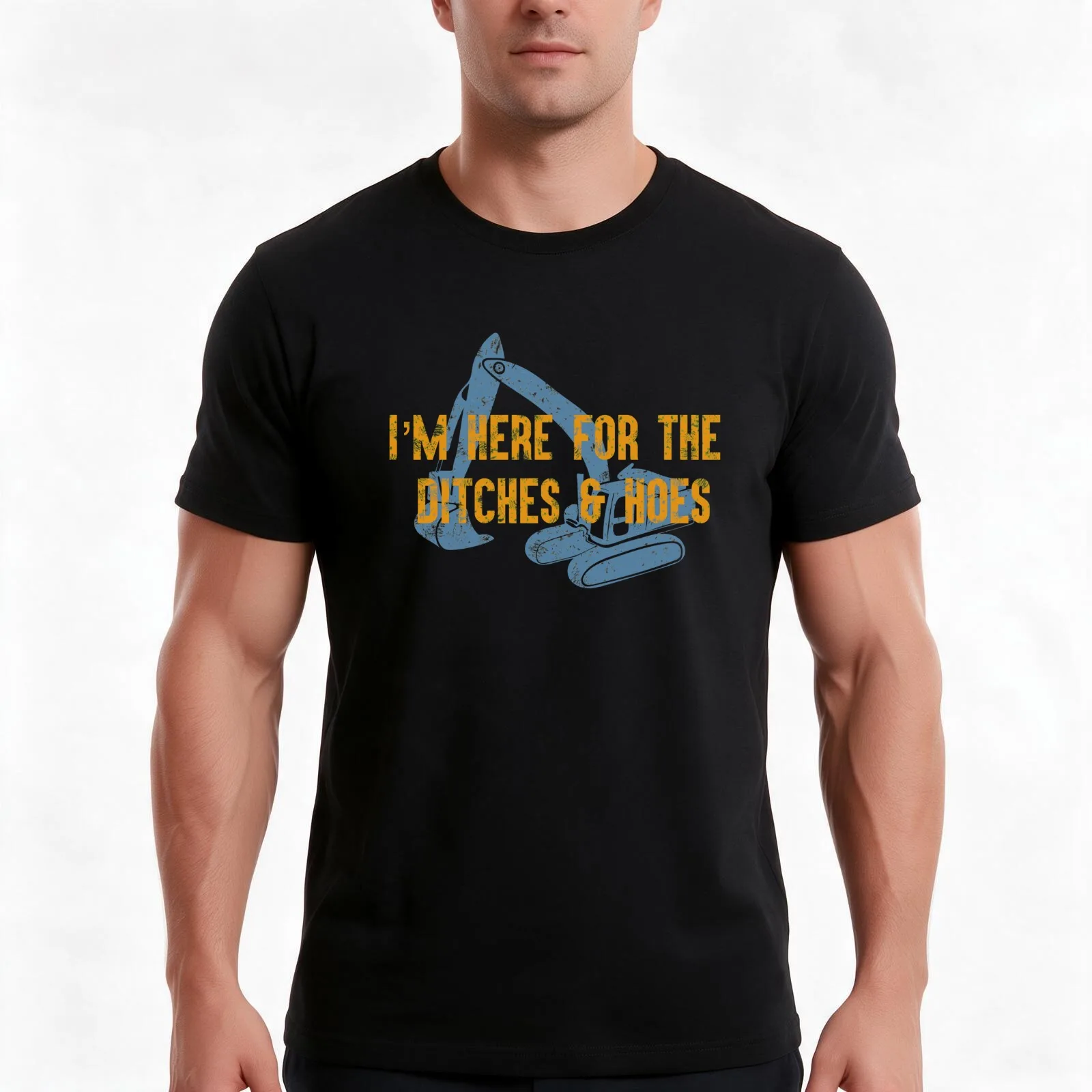 Here For Ditches and Hoes Construction Equipment Funny Backhoe Bulldozer Blue T-Shirt, Summer Casual Cotton Tee, 100% Cotton