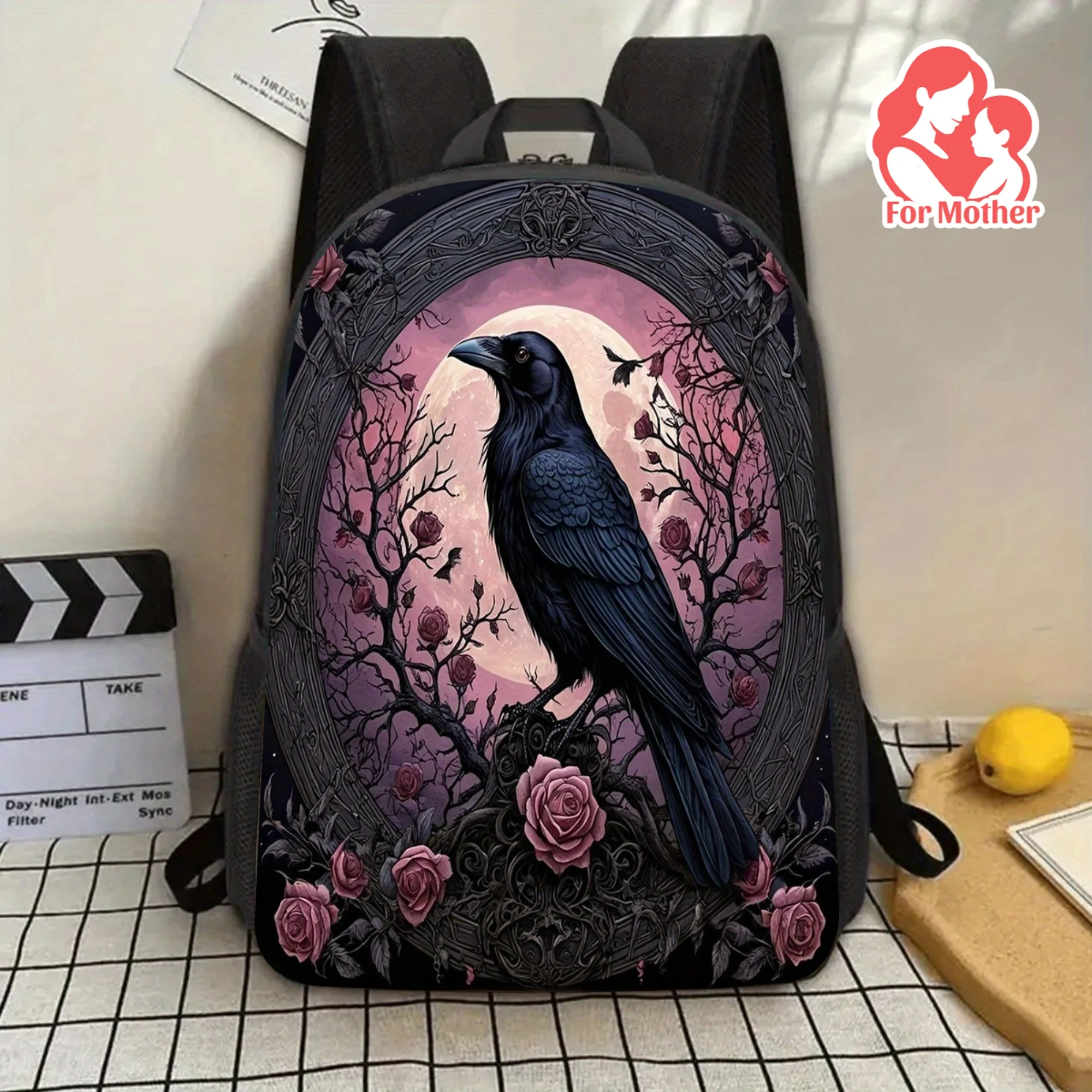 

1pcs Gothic Raven 17 Inch Laptop Backpack with Water Bottle Holder - Large Capacity, Adjustable Shoulder Strap, Vivid Cartoon
