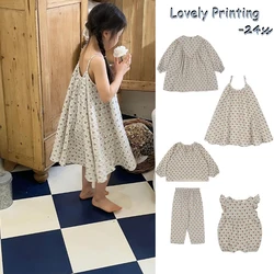 New Spring Children Clothes Set 2024 KS Girls Cherry Print Dress Baby Cute Soft Romper Kids Casual T Shirt Blouse Pants Suit