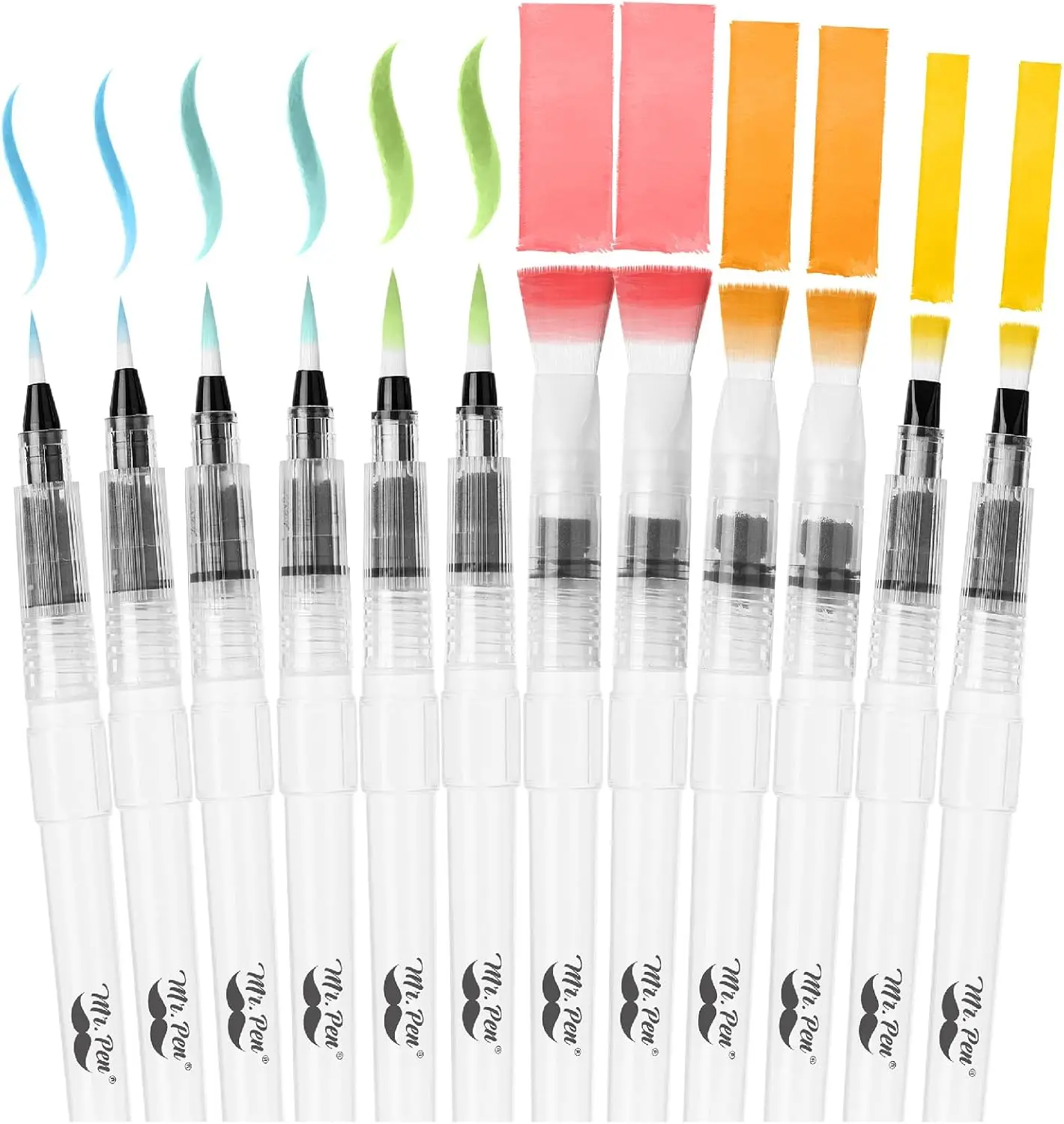 

12 Watercolor Brush Pens, 6 Round & 6 Flat Tips, Refillable, for Painting