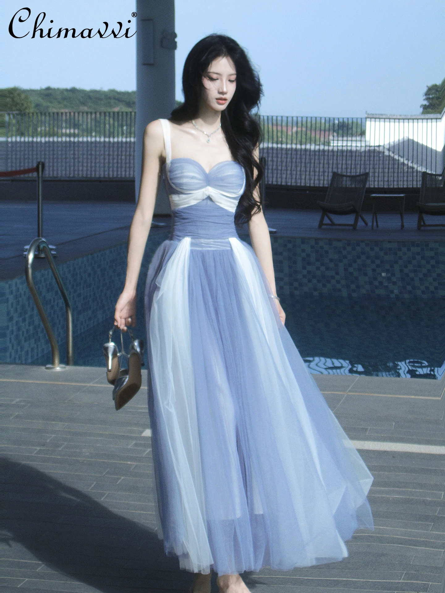 

Французские элегантные казковые платья для отпуска, сексуальное сетчатое платье без рукавов с v-образным вырезом и высокой талией, трапециевидное темпераментное длинное платье на бретельках, женское