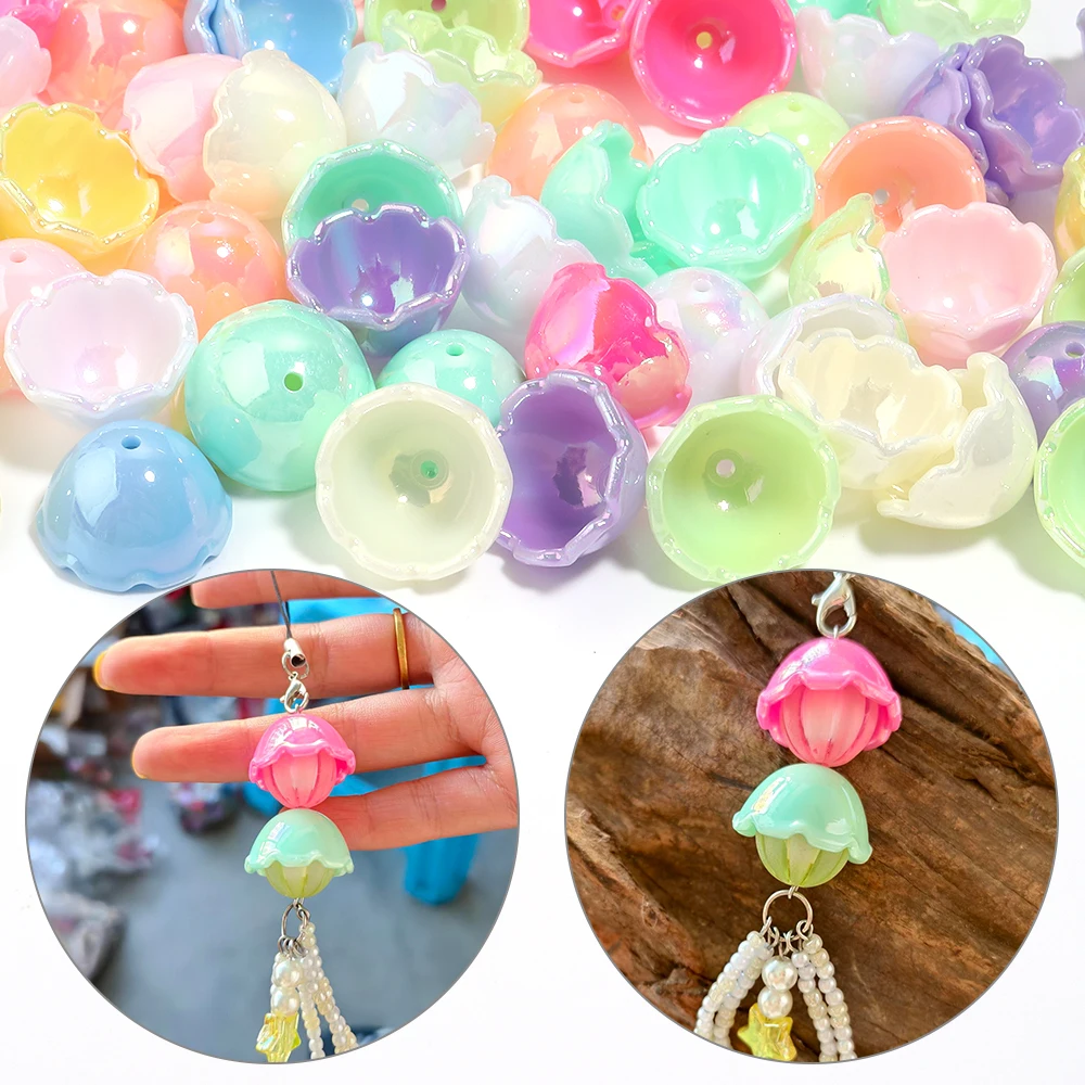 30pcs 13x22mm Wind Bell Acrylic Beads Plated Colorful Flower Caps Jellyfish Beads For DIY Necklace Phone Key Chain Accessories