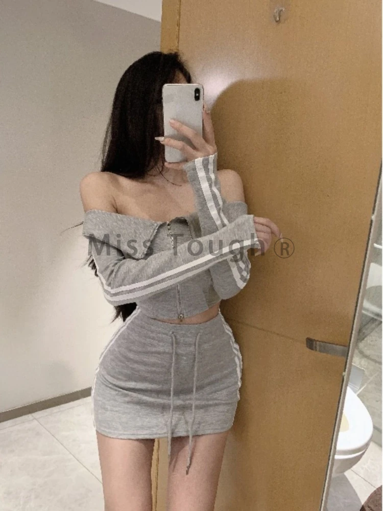 Korean Style Elegant Slim 2 Piece Set Women Sexy Off Shouler Tops + Casual Mini Skirt Female Fashion Sport High Waist Suits 2024