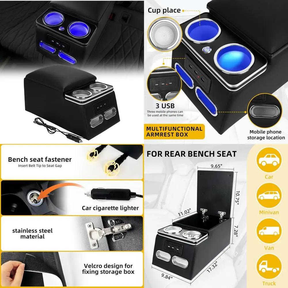 

Universal Truck Seat Organizer with Padded Armrest Lid | Features 3 USB Ports, 2 Drawers & Cup Holders | Extra Storage for Car,