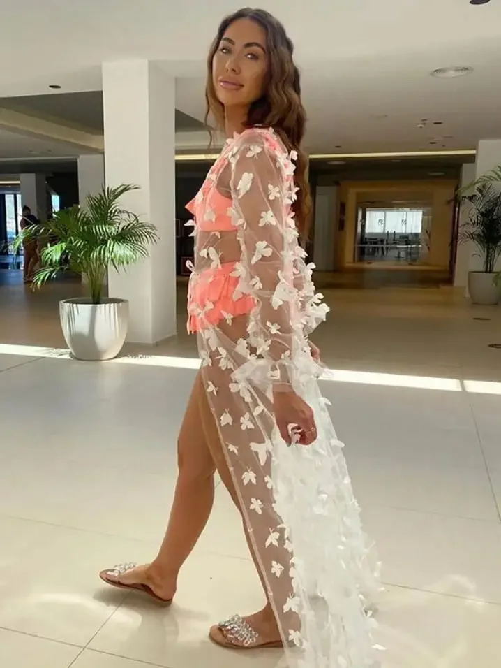 2023 Organza Beach Dress White/Black Beach Cover up Long Pareos Bikinis Cover ups Swim Cover up Robe Plage Beachwear