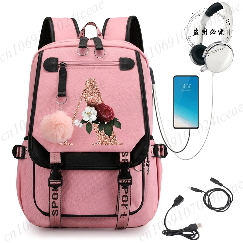 Women's Shoulder Backpack Travel Trip School Bags Students Storage Bag Rose Gold Letter A~Z Back To School Bookbag Grades 1-6