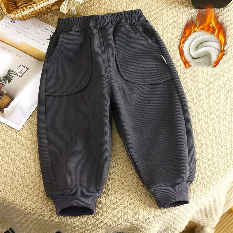 

Kids Velvet Warm Pants Autumn And Winter Solid Color Boys Girls Thick Fleece Trousers Simple Fashion Children Sports Pants
