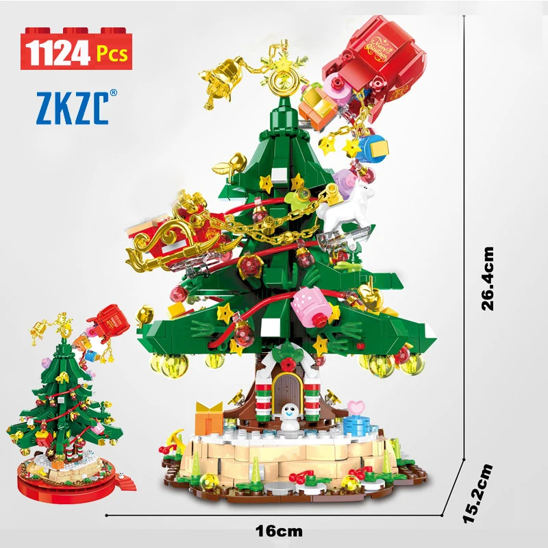 City Winter Christmas Village Creative Turning The Christmas Tree Music Box Table Decoration Micro Building Blocks Brick Toy Gif