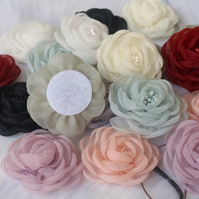10PCS/Lot 5.5CM 3D Organza Chiffon Fabric Cored Artificial Rose Flower For Wedding Dress Hats Decoration DIY Sewing Applique