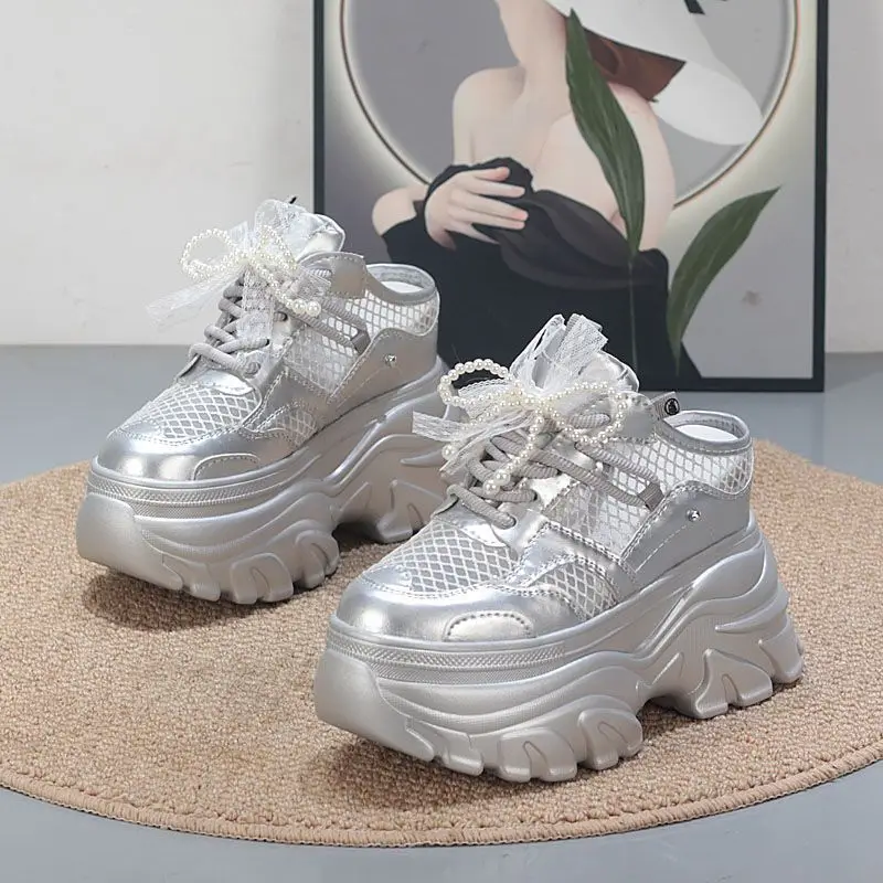 

New 12CM Air Mesh Microfiber Leather Platform Wedge High Brand Comfy Booties Fashion Summer Chunky Sneaker Slipper Shoes Women