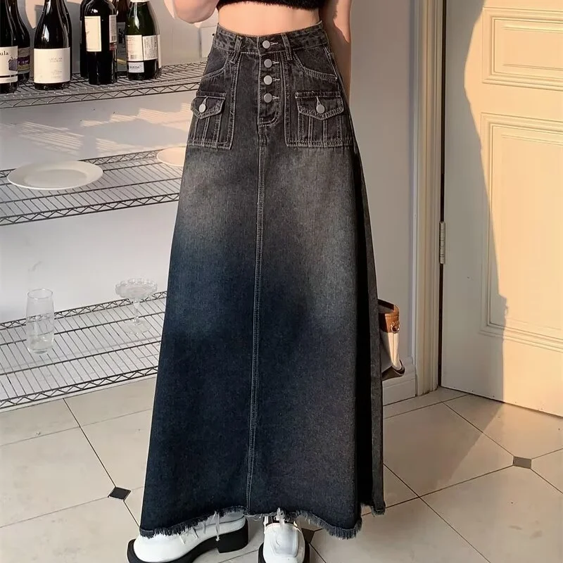 

2024 New Streetwear Denim Skirt Spring Summer Fashion Frayed Hem Pocket High Waist Long Jeans Skirt Loose Plus Size Skirt S-5XL