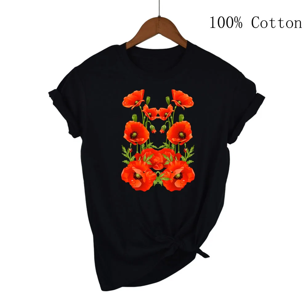 Fashion Red Poppy Women T Shirt Funny Black Printed Tops Tee Female Short Sleeve Tshirt Harajuku Tee Shirts 90s Girls T-shirts