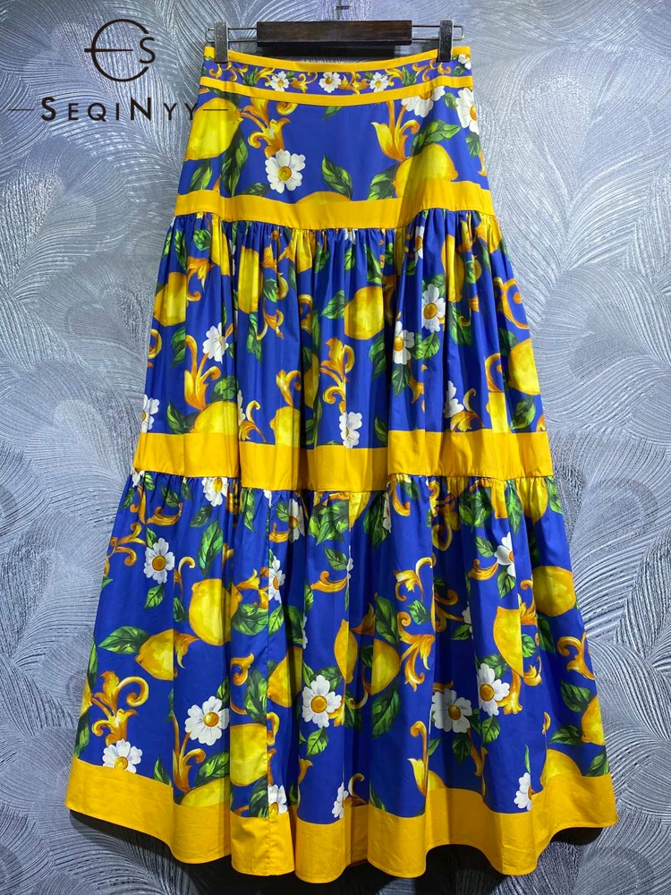 SEQINYY Sicily Skirt Summer Spring New Fashion Design Women Runway Lemon Vintage Flowers Print Blue A-Line High Street