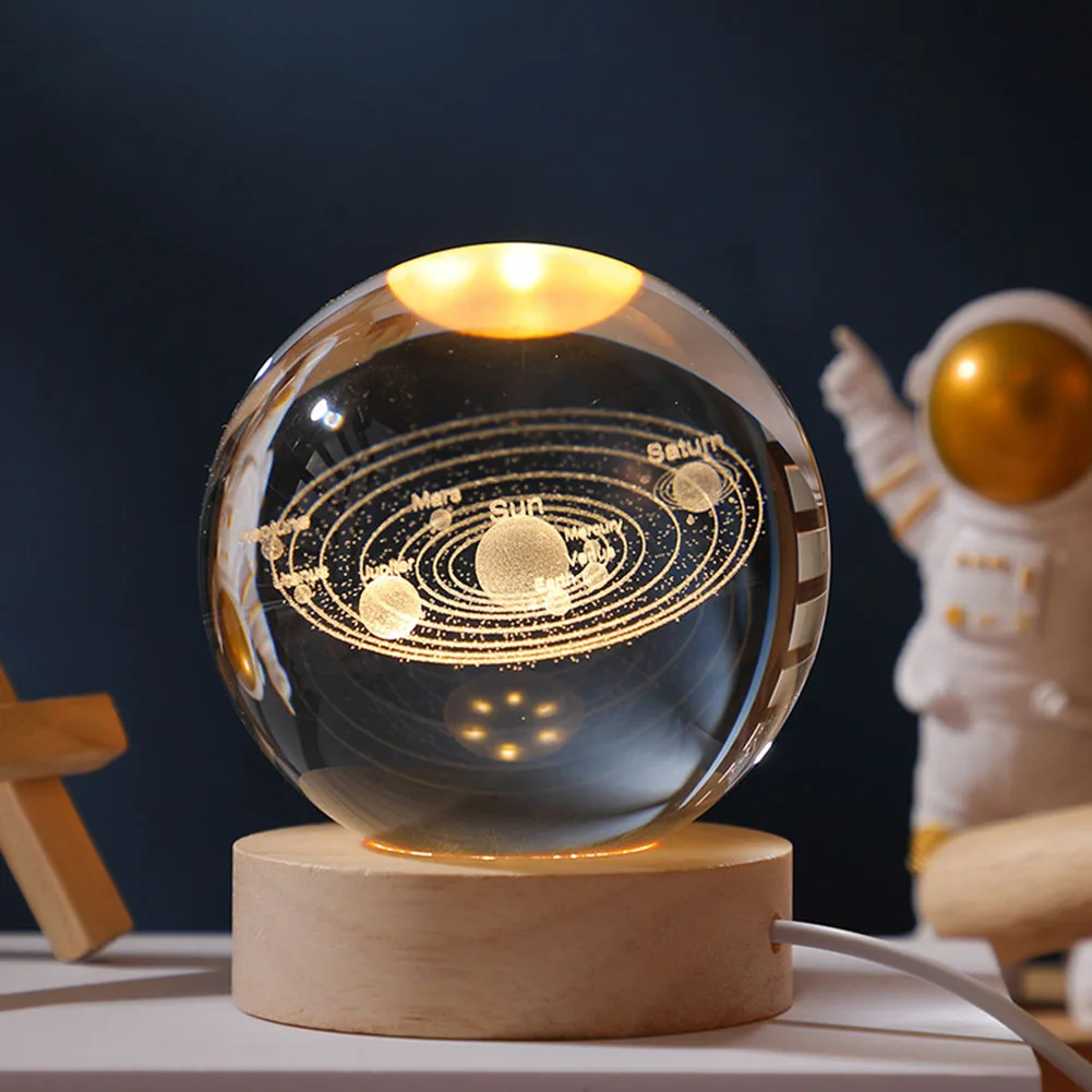 Luces nocturnas de bola de cristal que brillan, planetas solares, astronautas, lámpara de mesa de Luna 3D, lámpara de atmósfera USB, Decoración de mesa, regalo