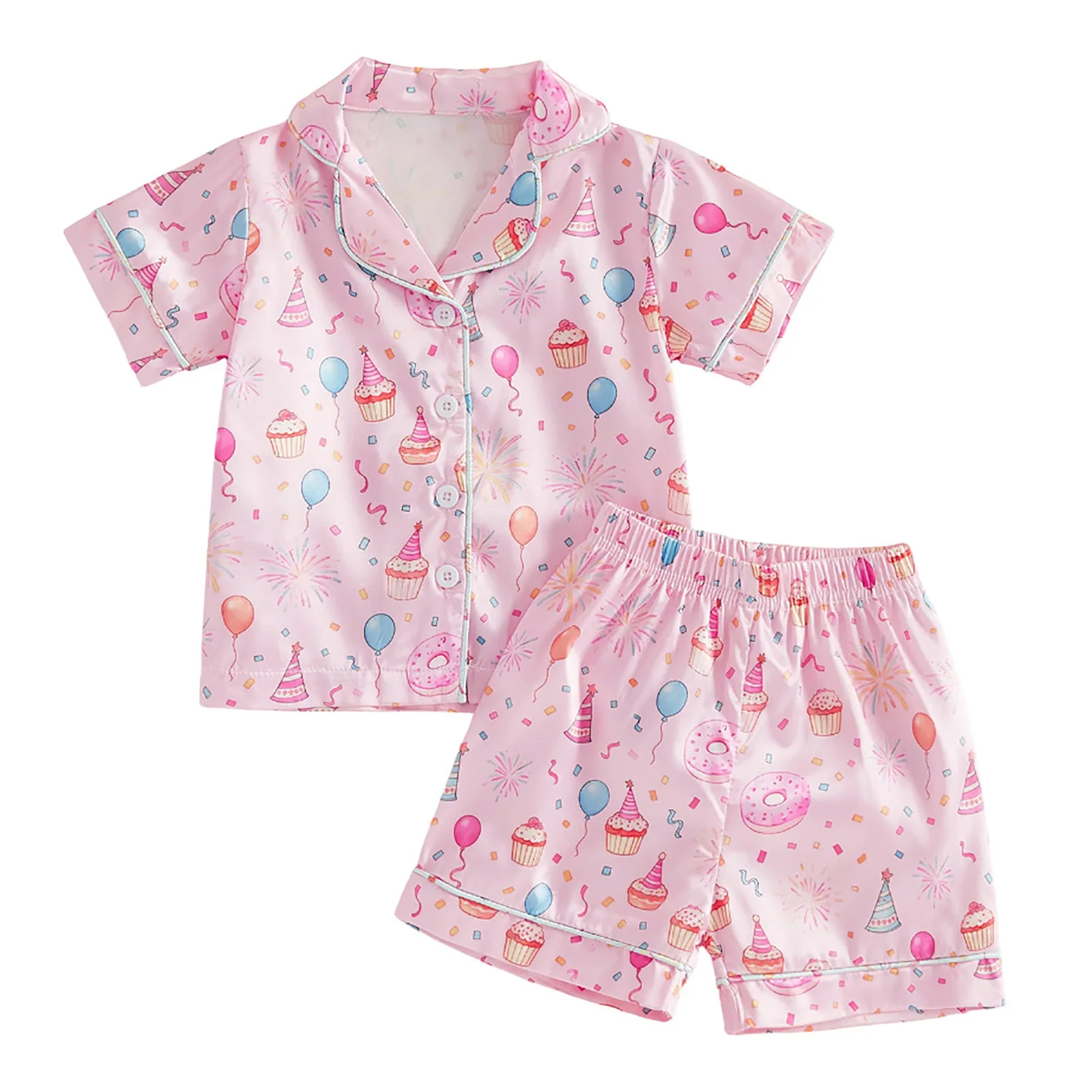 

Baby Girls Cute Cartoon Printed Soft Silky Pajamas Set Short Sleeve Lapel Button Tops with Shorts Sleepwear Homewear Loungewear