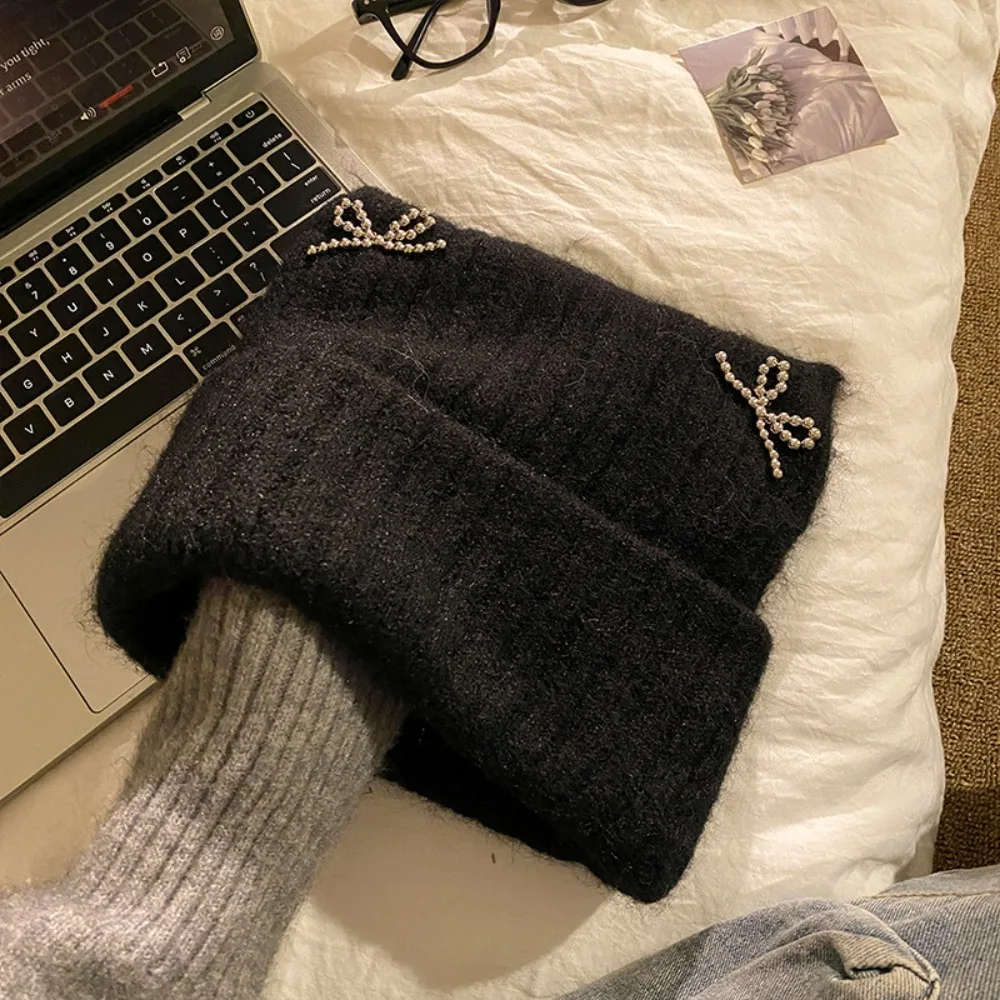 

Keep Warm Sweet Cool Cat Ears Beanie Hat Fluffy Bow Knitted Pullover Hat Streetwear Ear Protection Winter Wool Hat Winter