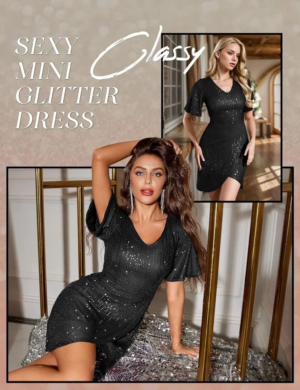 Seksowna sukienka cekinowa dla kobiet z dekoltem w serek, koktajlowa, na studniówkę, bal ósmoklasisty, błyszcząca, dopasowana, z krótkim rękawem, brokatowa, elegancka sukienka na imprezę, ukończenie szkoły.