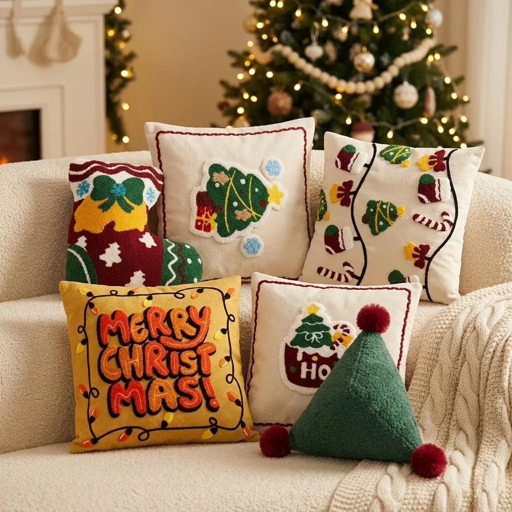 Weihnachtlich gestickte Kissenbezüge, Sofakissenhülle, Feiertagsdekoration, Kissenbezüge für Wohnzimmer und Schlafzimmer – Detail 4