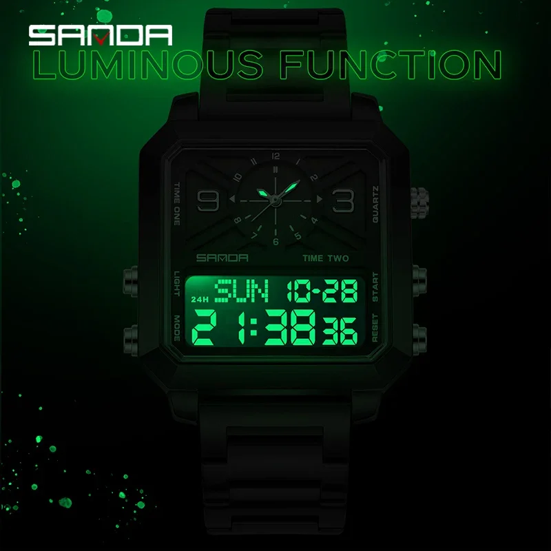 SANDA Business Sports Square Dual Display Men's Quartz Watch Waterproof LED Analog Digital Countdown Electronic Male Wristwatch