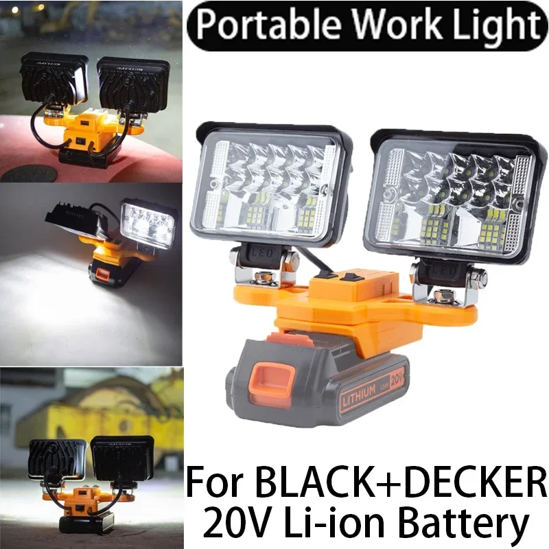 Portable Cordless Double-headed LED Work Light Suitable for Black&Decker 20v Li-ion Battery Family Camping Outdoor Travel Light