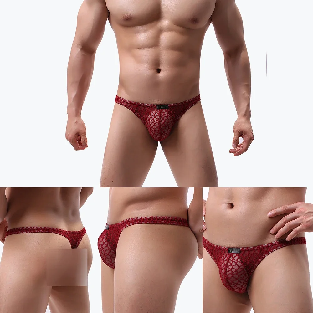 เซ็กซี่ชายกางเกงบางเฉียบโปร่งใสกางเกงลูกไม้ตาข่าย Thongs Low Rise T-Back G-Strings ยืดหยุ่น Sissy กระเป๋ากางเกง