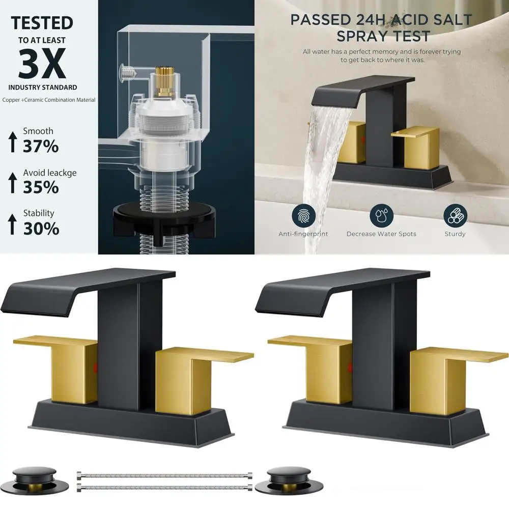 

2-Hole Matte Black & Gold Centerset Bathroom Faucet with 2 Handles, Metal Pop-Up Drain for 4 Vanity Sinks and RV Remodel