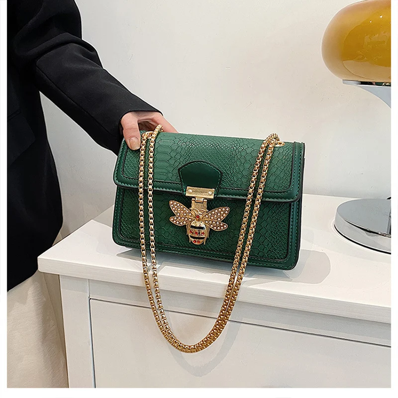 Luxury Brand Women Handbag New Retro Bee Female Shoulder Bag Simple High Quality Leather  Cross-body Chain Handbag