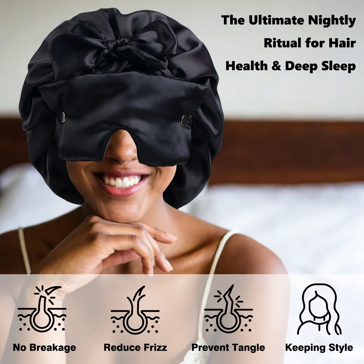 Silk Double-Layer Eye Mask with Detachable Butterfly Knot Sleep Cap Elastic Wide-Brim Bath Cap for Beauty Makeup Soft Comfortabl