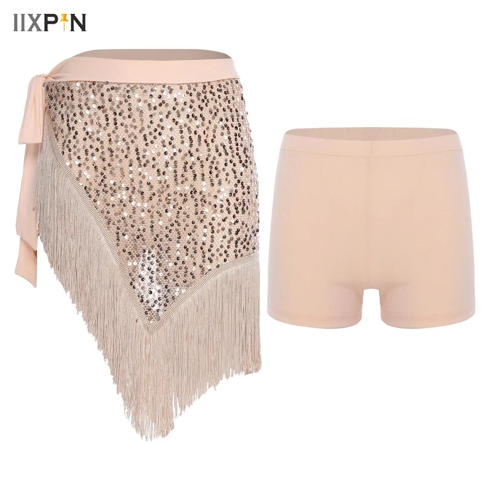 

Womens Belly Dance Hip Scarf and Safety Shorts Sequined Tassel Trim Side Lacing Irregular Hip Skirt Shorts Latin Dance Costumes